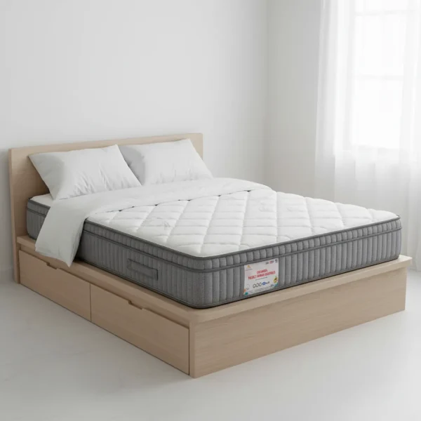 A white diamond-quilted mattress with a gray vertical-ribbed border on a light wood storage bed.