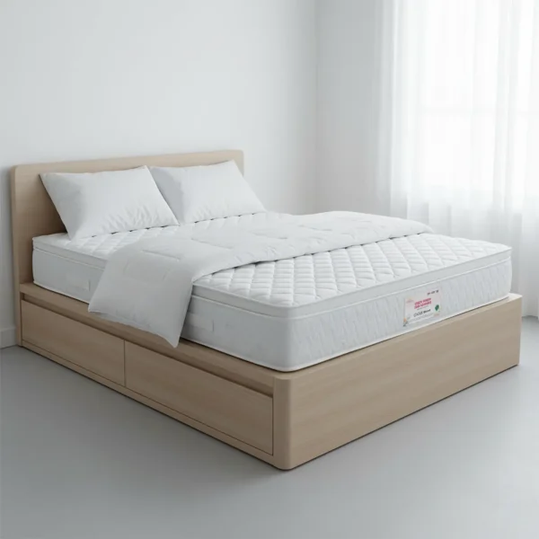 A white diamond-quilted mattress with a plush top sits on a light wood storage bed.