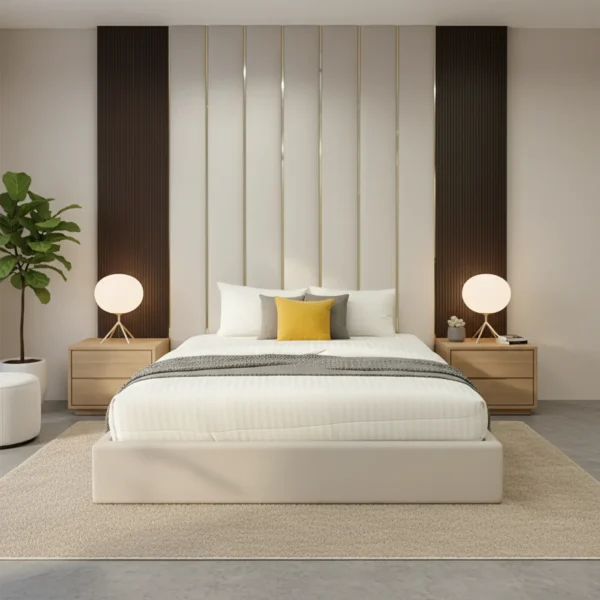 A platform bed with a cream upholstered headboard featuring vertical gold and dark wood panels.