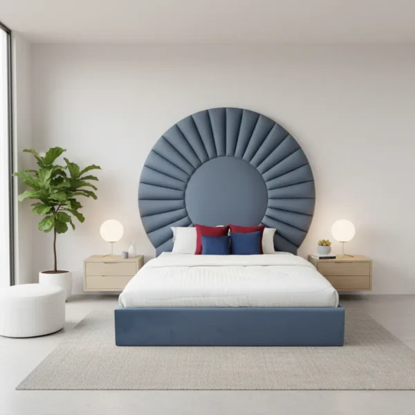 A striking dusty blue upholstered bed with an oversized circular, fluted headboard in a modern bedroom setting.