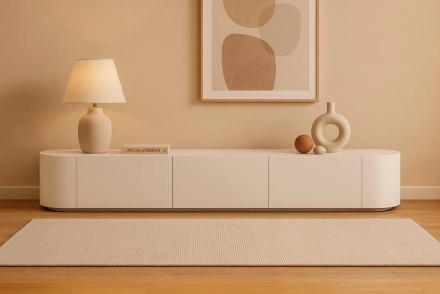 A minimalist white media cabinet with rounded ends sits against a beige wall, topped with a lamp and vase.