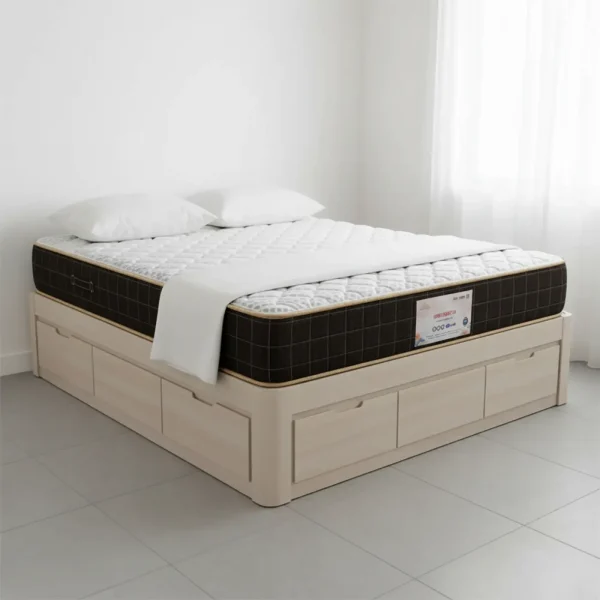 A light wood platform bed with six drawers holds a black mattress with a white top and a thin gold trim.