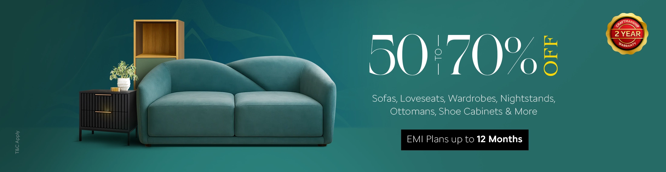 A green loveseat, black nightstand, and small wooden shelf are next to text advertising a 50 to 70% off sale.