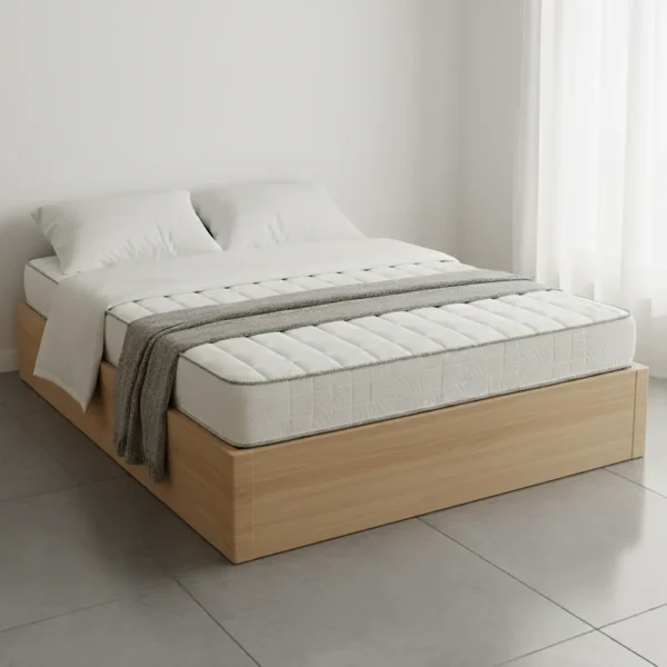 A white quilted mattress with a gray stitched border sits on a simple light wood platform bed.