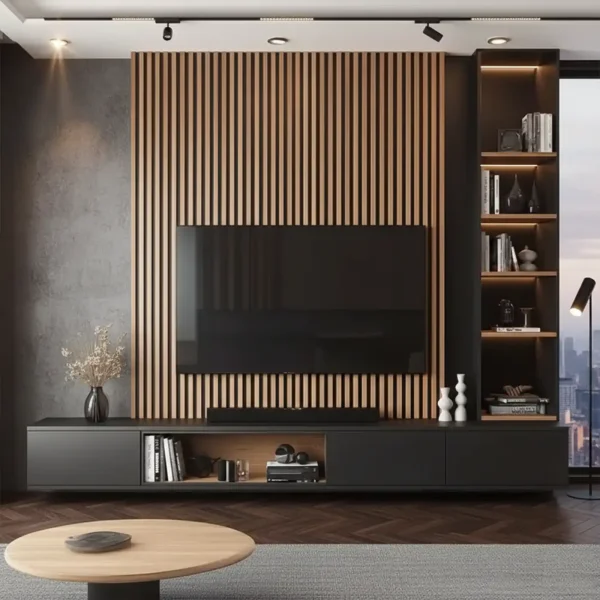 A sleek TV unit features a wood slat wall panel, a floating black console, and lit shelving.