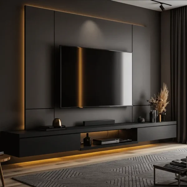 A black floating TV unit with gold ambient lighting on the wall and console.
