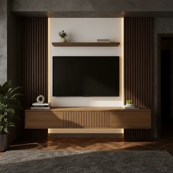 A warm, modern floating TV unit with a slatted wood backdrop and vertical LED lighting.