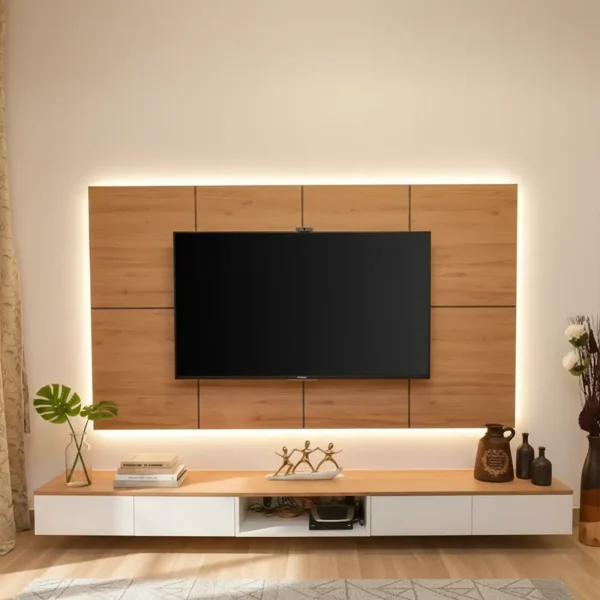 A floating media unit with a light wood paneled wall featuring a backlit border and a long console.