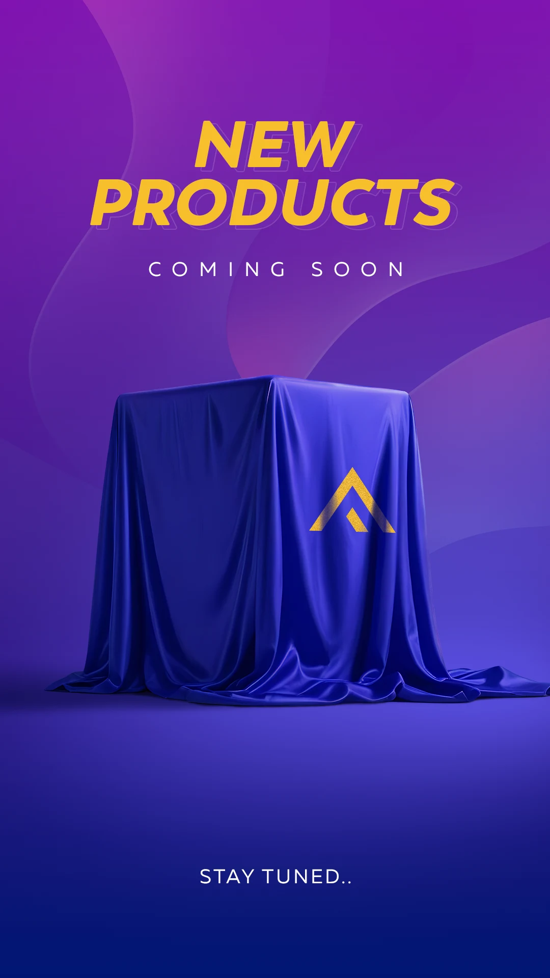 A blue draped cube with a gold A-shaped logo on a purple background, announcing "NEW PRODUCTS COMING SOON."