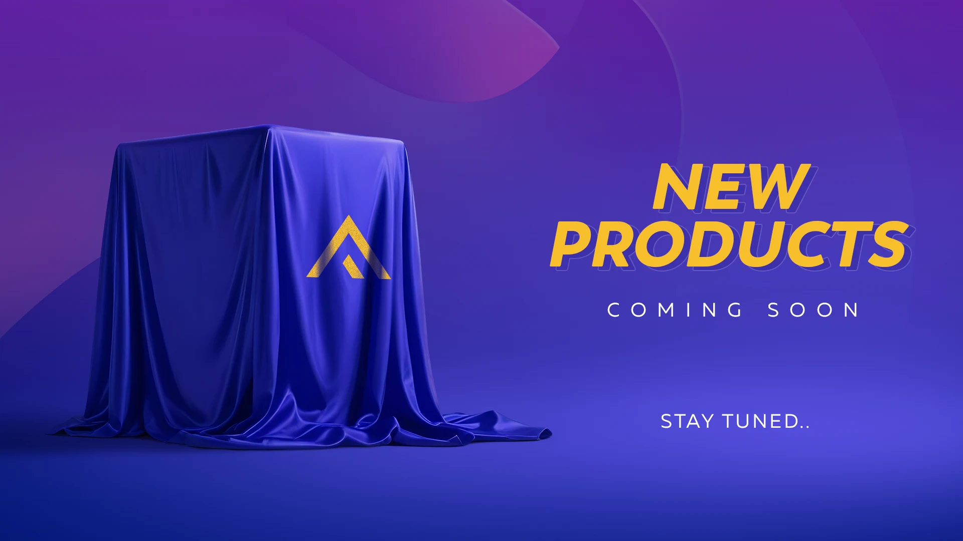 A blue draped cube with a gold Asghar logo on a purple background, announcing "NEW PRODUCTS COMING SOON."