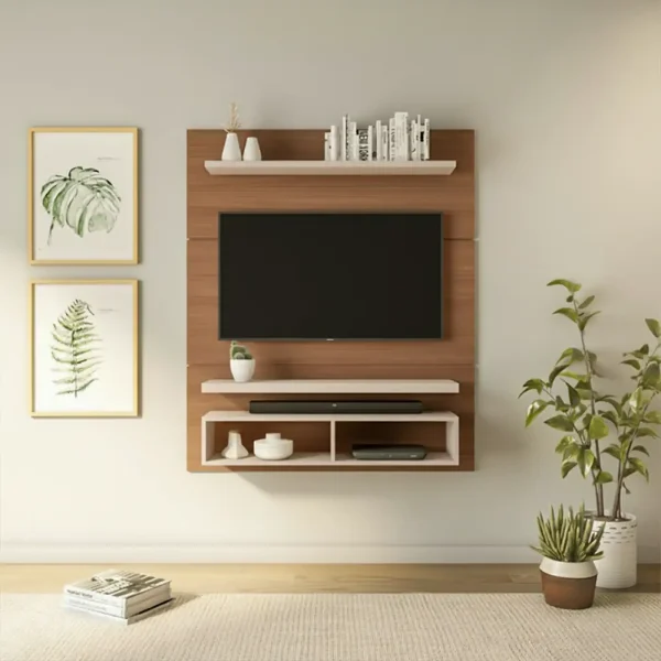 A wood panel TV unit with white floating shelves and a two-compartment console.