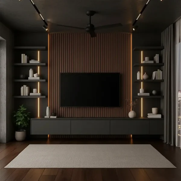 A striking, dark media wall with a wood slat panel centerpiece, a black console, and backlit floating shelves.