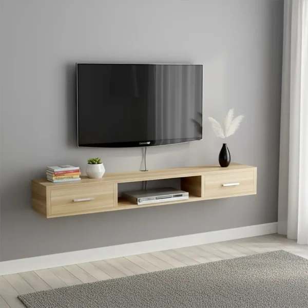 A light wood floating TV console mounted beneath a wall-mounted TV. It has two drawers and an open center shelf.