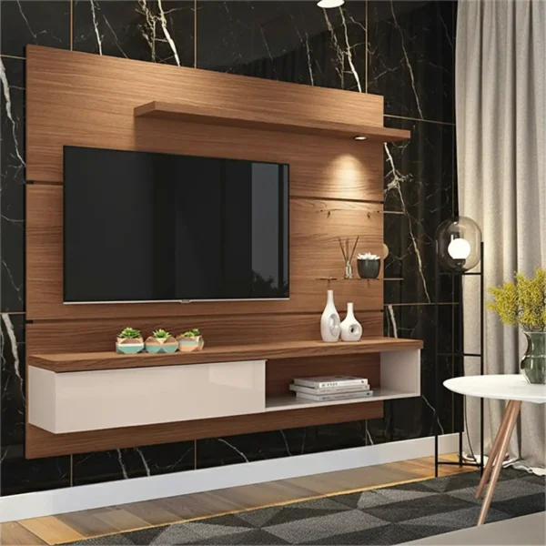 A wood panel media unit with two floating shelves, a white drawer, and a marble-look black accent wall.