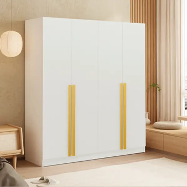 A four-door white wardrobe with long, thin gold handles.