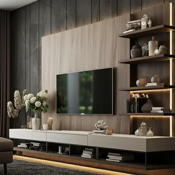 A media console with a light wood TV panel, a white console, and backlit shelves.