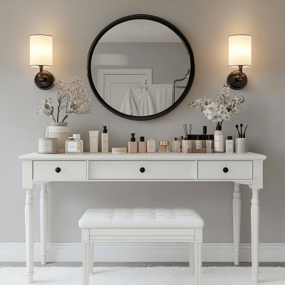 A stylish vanity featuring a mirror, accompanied by a matching stool for a chic and functional dressing area.