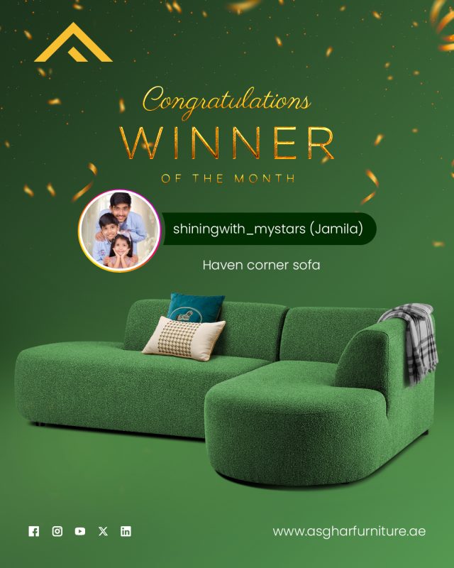 A huge congratulations to our lucky winner of the month @shiningwith_mystars 🏆
You’ve just won the beautiful Haven Sofa worth AED 3,999— the perfect addition to any home! 🛋️✨
Thank you to everyone who participated — stay tuned for more exciting giveaways coming soon! 💖

Call or WhatsApp: 800 ASGHAR (800 274427)
Visit our online furniture store: bit.ly/AsgharDeals

#AsgharFurniture #AsgharHome #GiveawayWinner #Congratulations #HavenSofa #WinnerAnnouncement